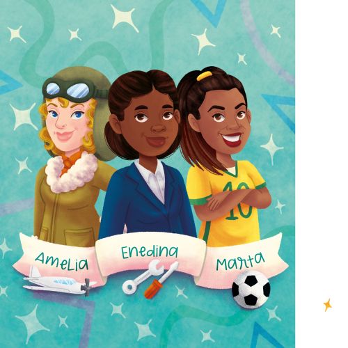 Three diverse girls with banners and a smiling girl with glasses and stars