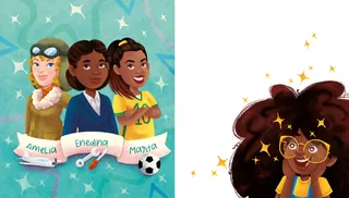 Three diverse girls with banners and a smiling girl with glasses and stars
