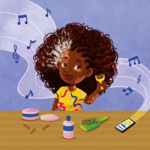 Young girl combing curly hair with music playing on phone