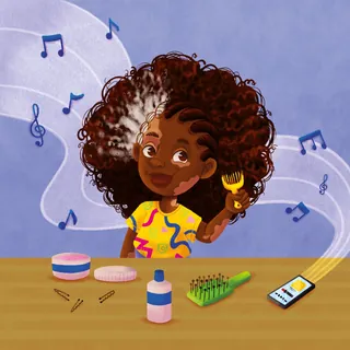 Young girl combing curly hair with music playing on phone