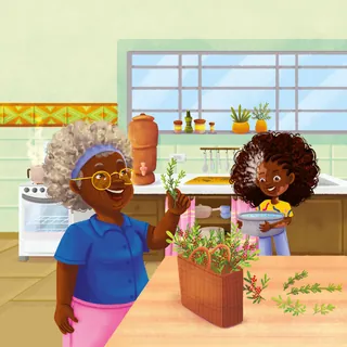 Grandmother and granddaughter with plants in a kitchen