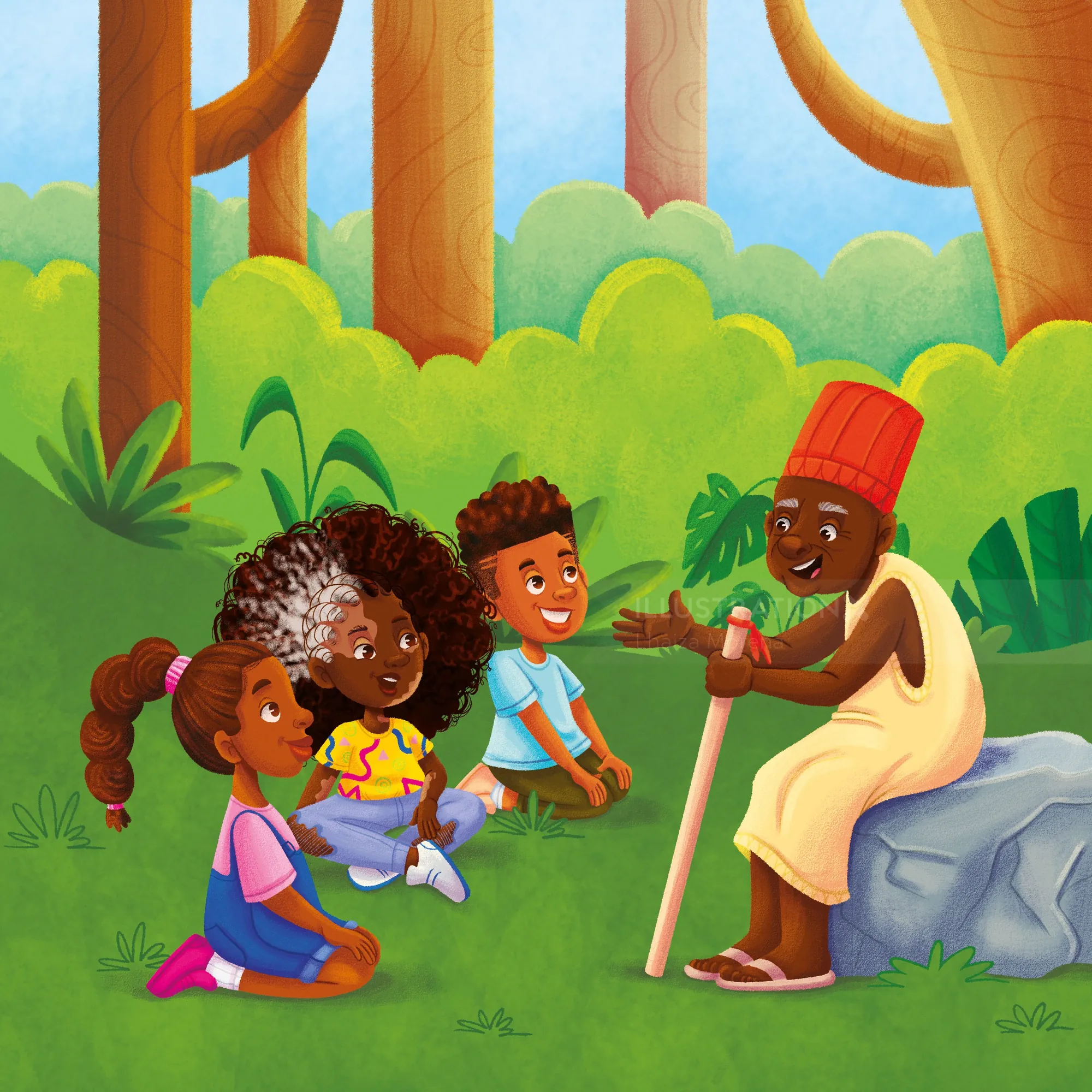 Elderly man shares stories with three children sitting on grass