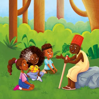 Elderly man shares stories with three children sitting on grass