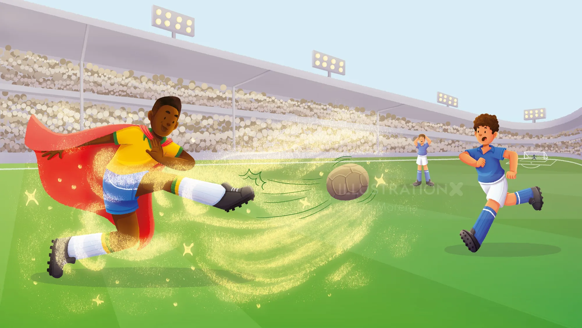 Child superhero kicking glowing rugby ball in a stadium