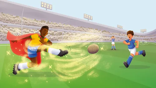 Child superhero kicking glowing rugby ball in a stadium