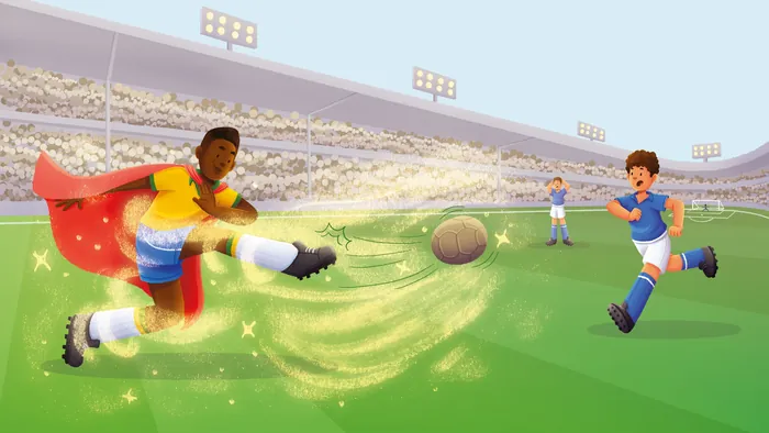 Child superhero kicking glowing rugby ball in a stadium