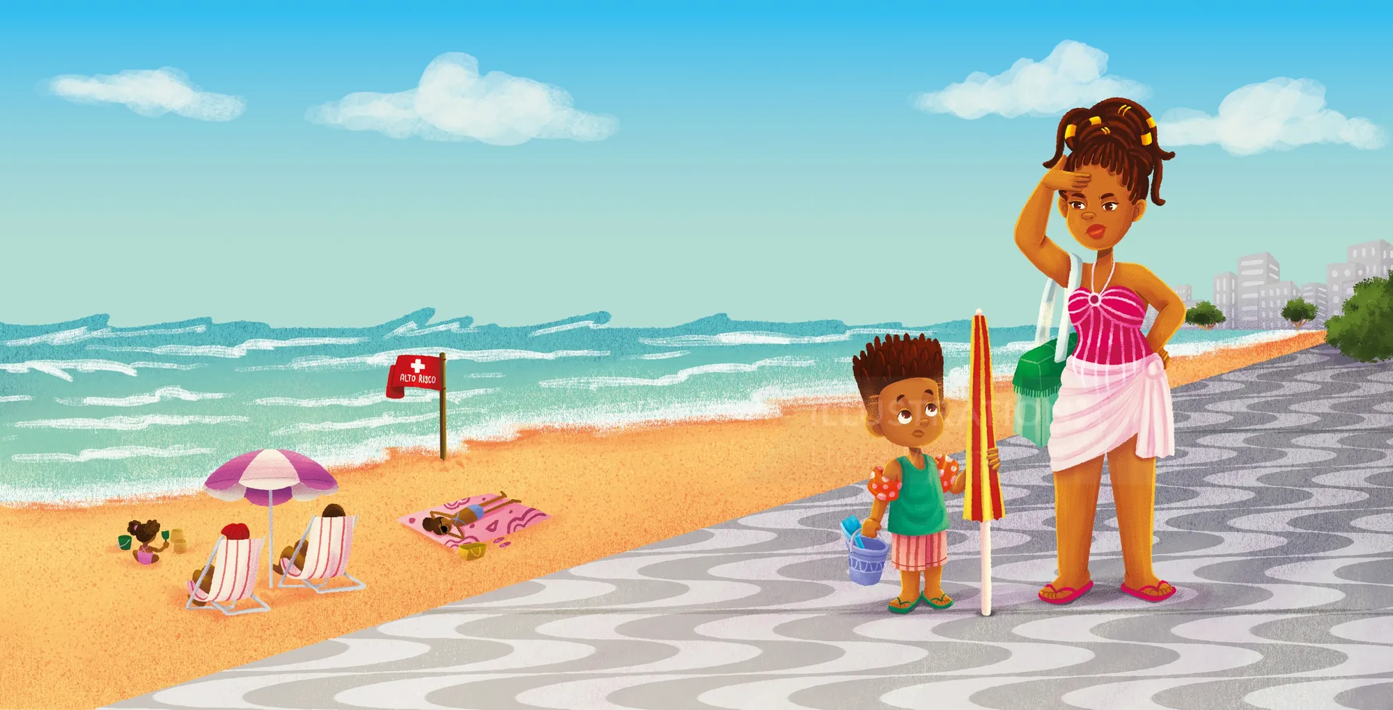 Mother and child standing on beach promenade with ocean view