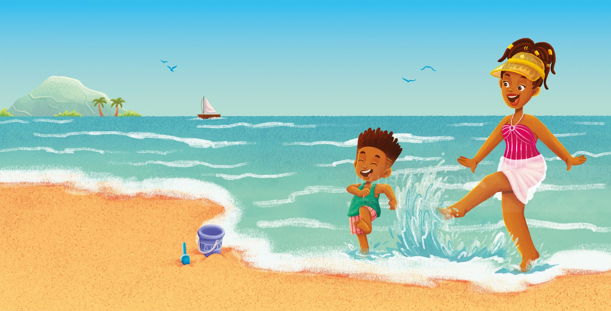 Two children joyfully playing and splashing in ocean waves on the beach.