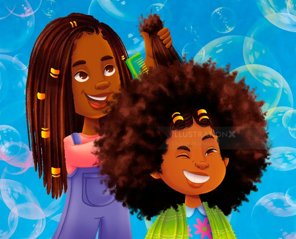 Two smiling girls braiding hair with colorful beads and bubbles