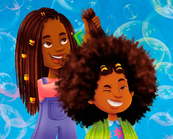 Two smiling girls braiding hair with colorful beads and bubbles