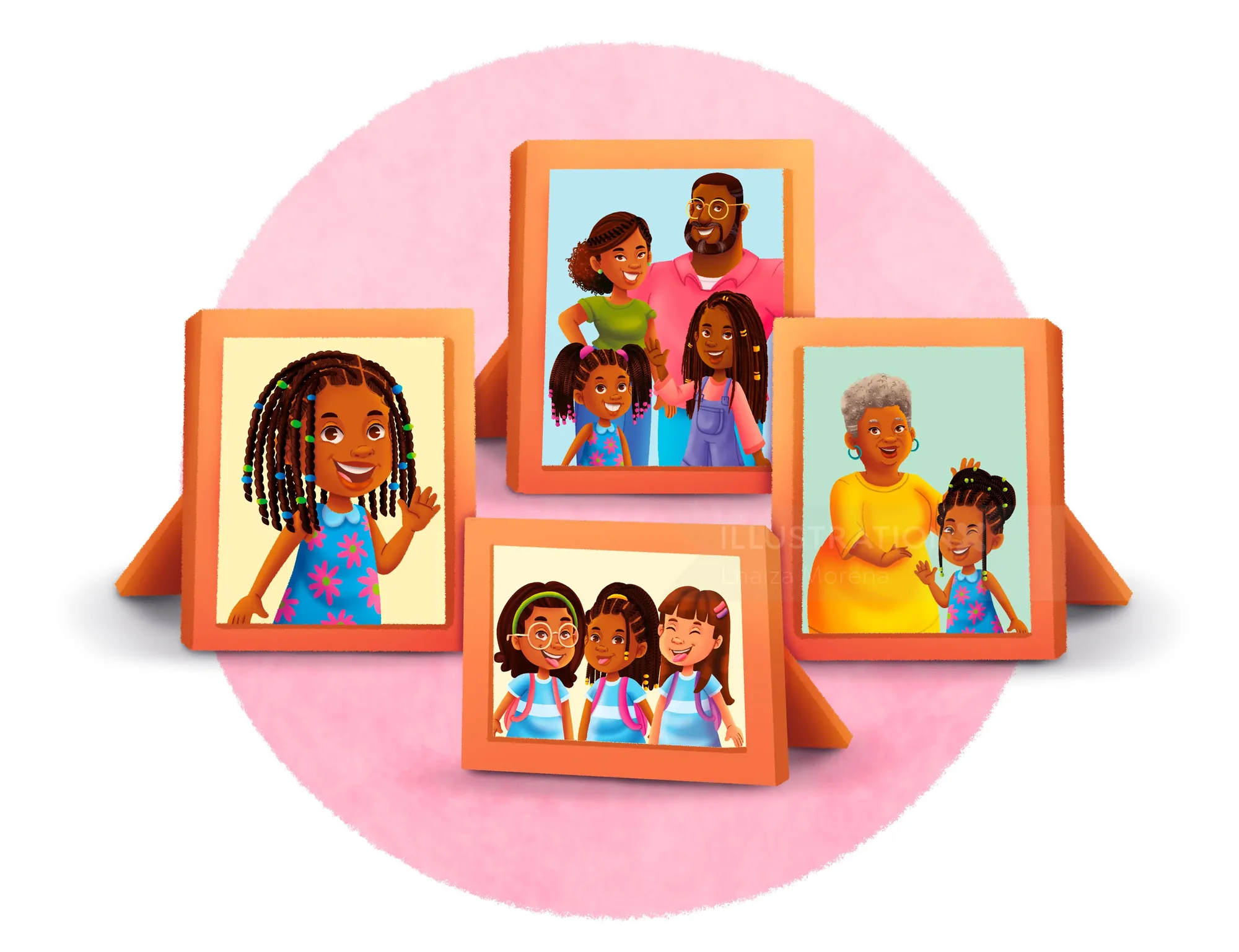Various family portraits featuring adults and children in frames
