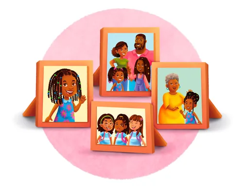 Various family portraits featuring adults and children in frames