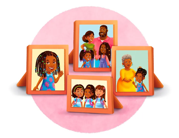 Various family portraits featuring adults and children in frames
