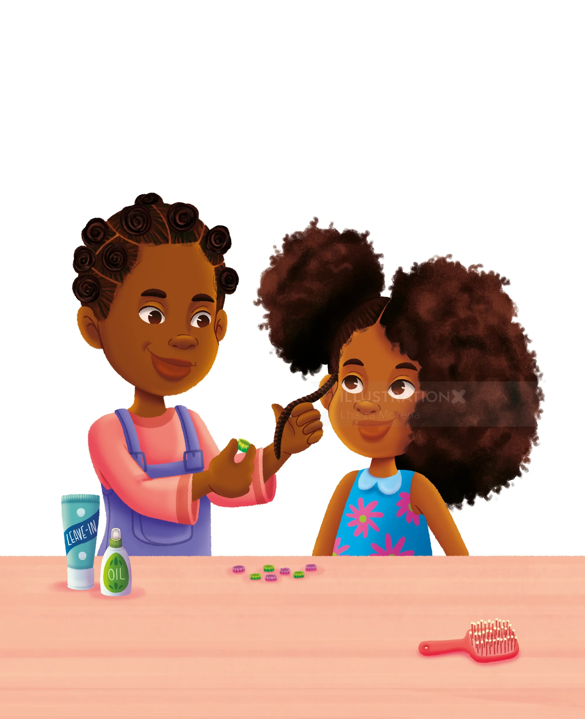 Girl styling another girl’s hair with hair accessories