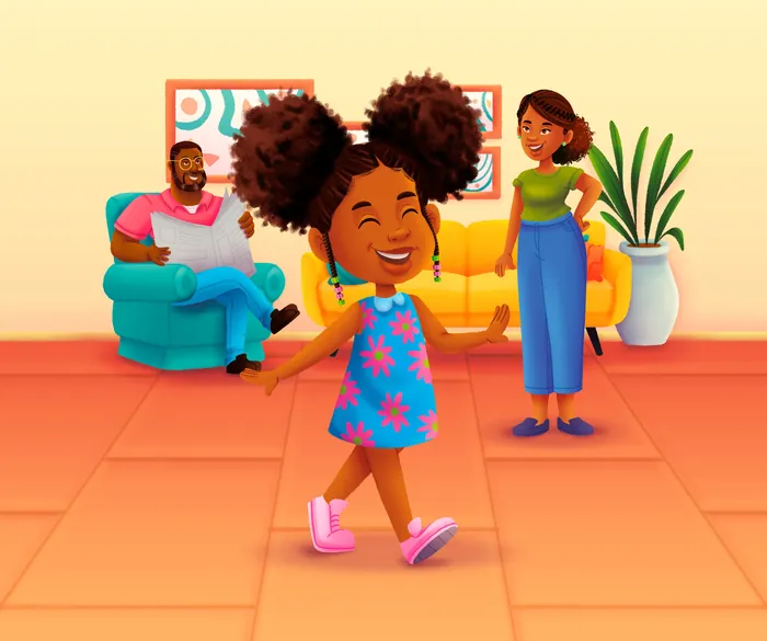 Young girl dancing in living room with her parents watching happily