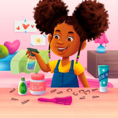Girl doing hair with spray bottle and accessories on table