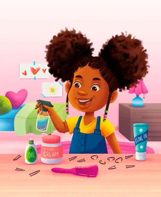 Girl doing hair with spray bottle and accessories on table