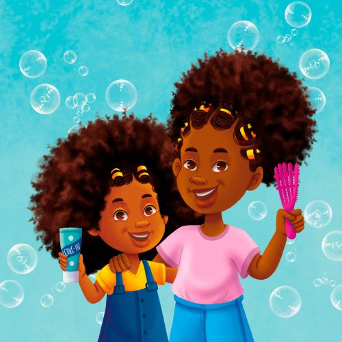 Two girls with curly hair holding bubble wand and bubble solution