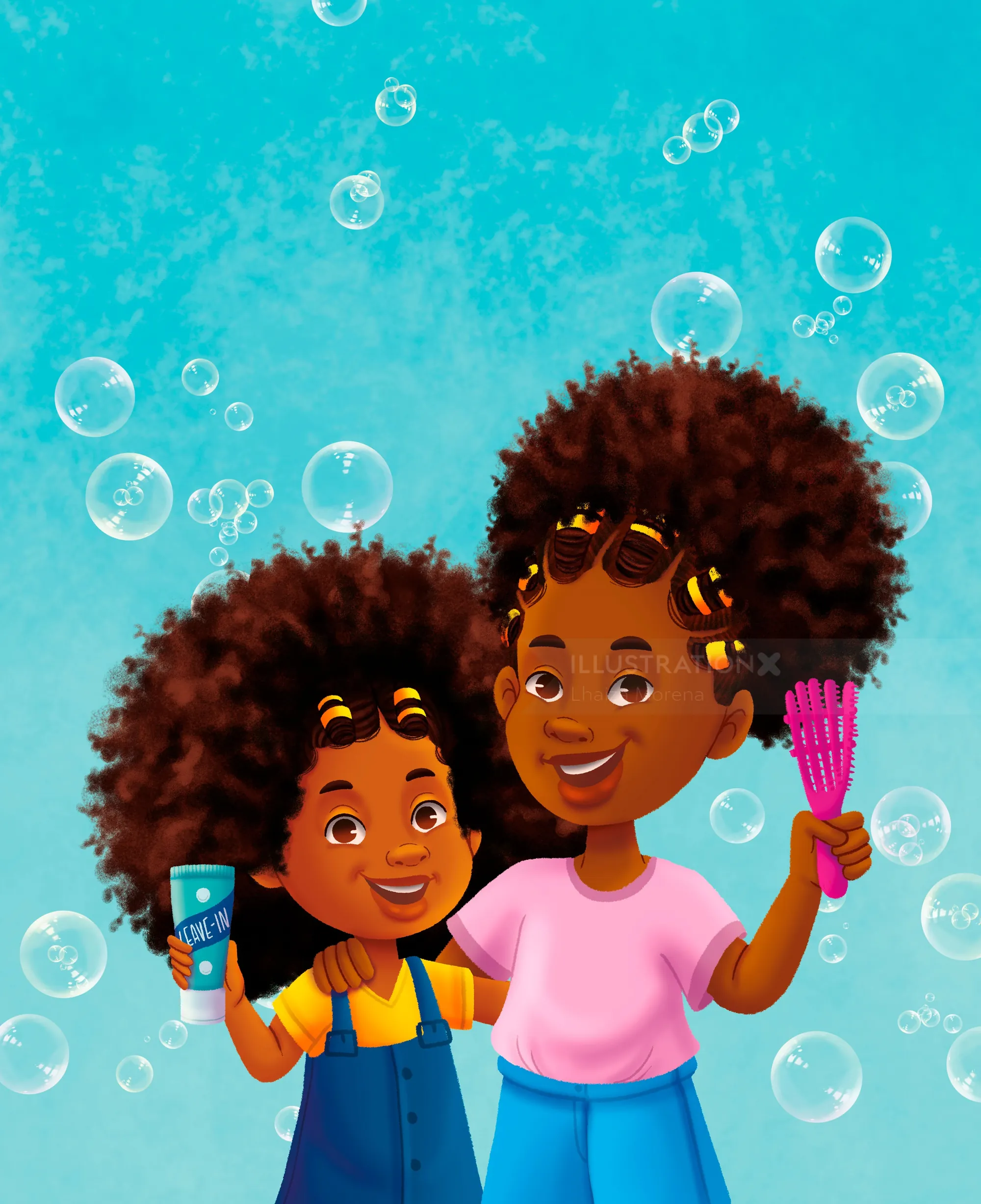 Two girls with curly hair holding bubble wand and bubble solution
