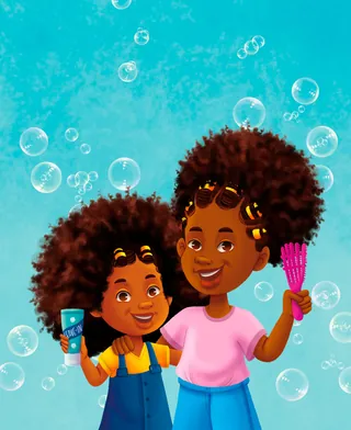 Two girls with curly hair holding bubble wand and bubble solution