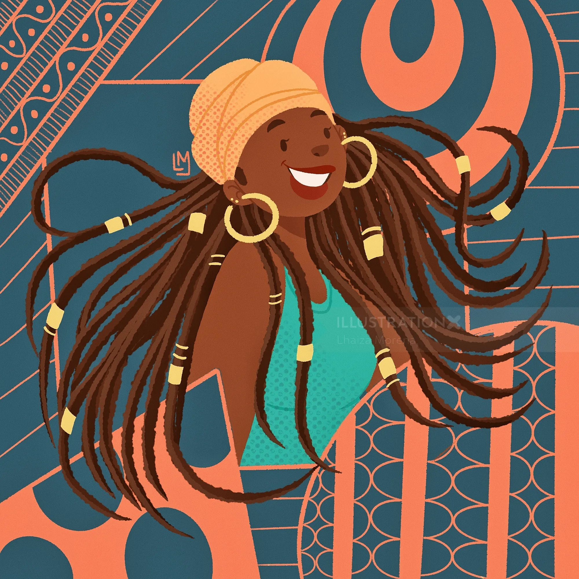 Happy woman with long dreadlocks and gold hoop earrings smiling.