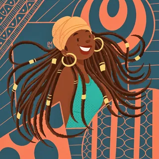 Happy woman with long dreadlocks and gold hoop earrings smiling.