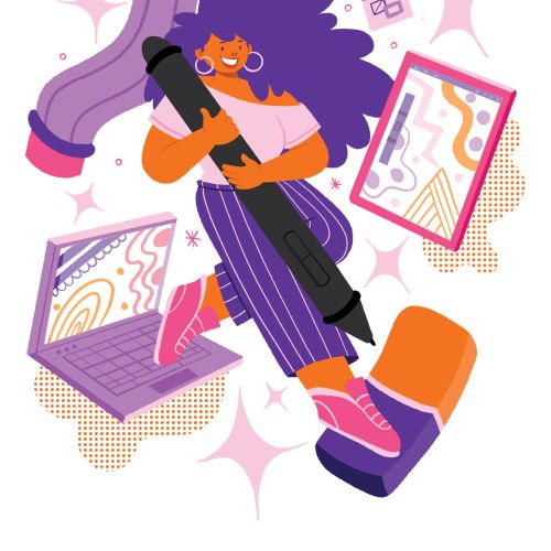 Person holding large pen surrounded by laptop and digital artwork