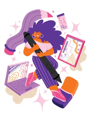 Person holding large pen surrounded by laptop and digital artwork