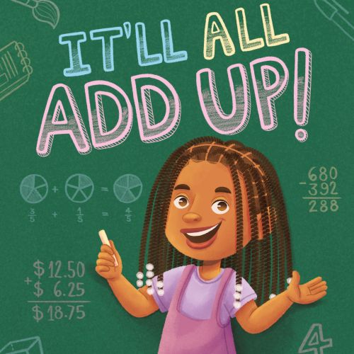 Girl with thumbs up and math problems on chalkboard background