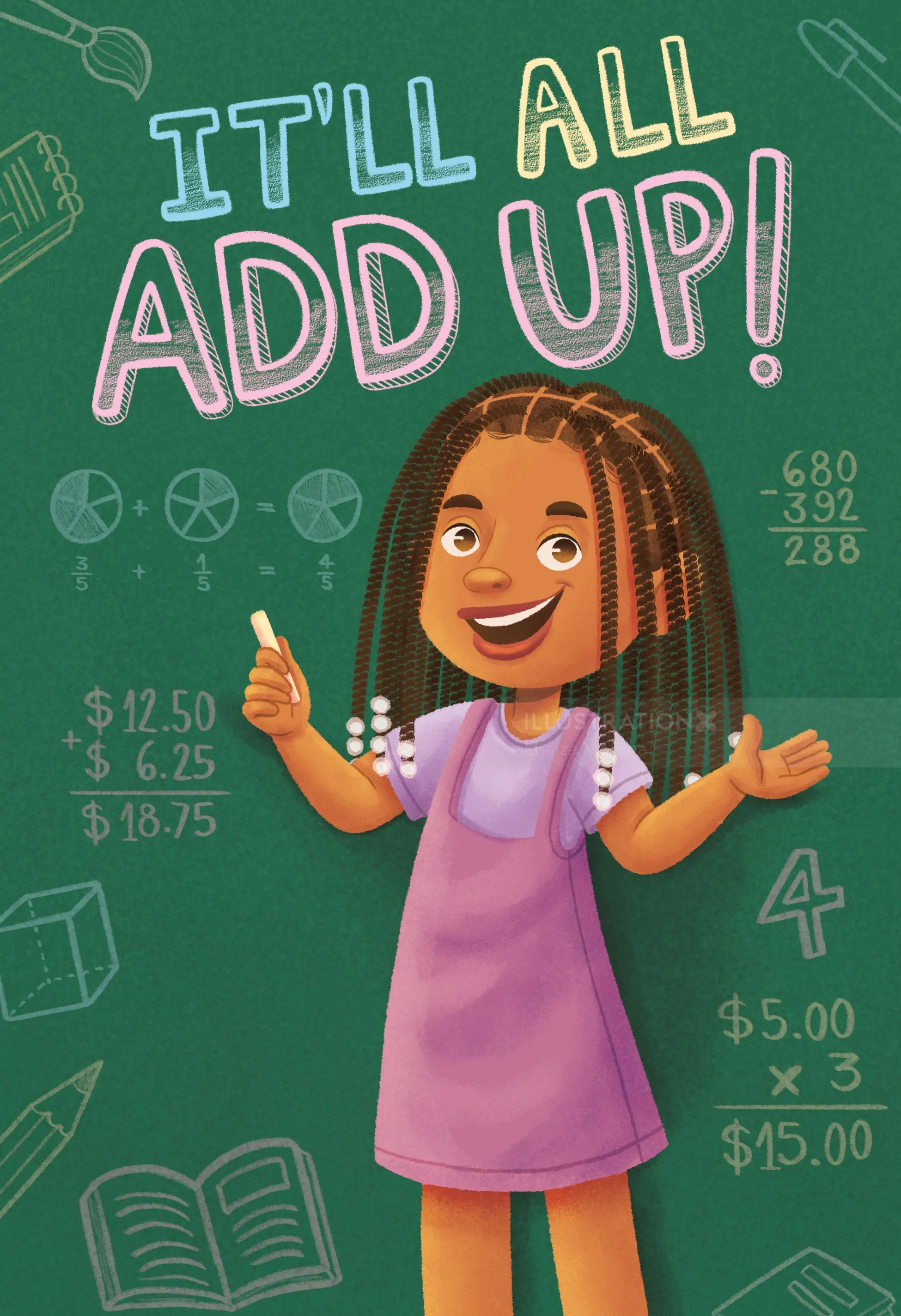 Girl with thumbs up and math problems on chalkboard background