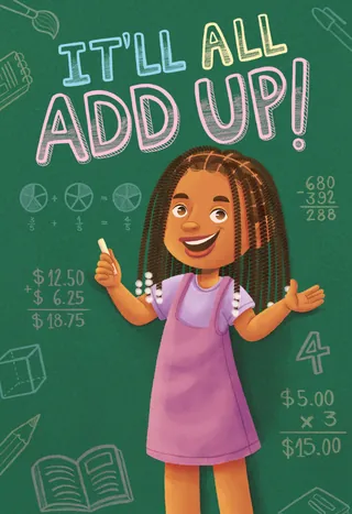 Girl with thumbs up and math problems on chalkboard background