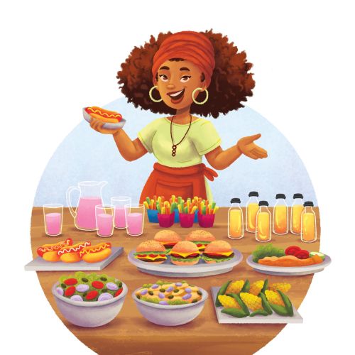 Smiling woman with afro serving tacos and drinks at food stall