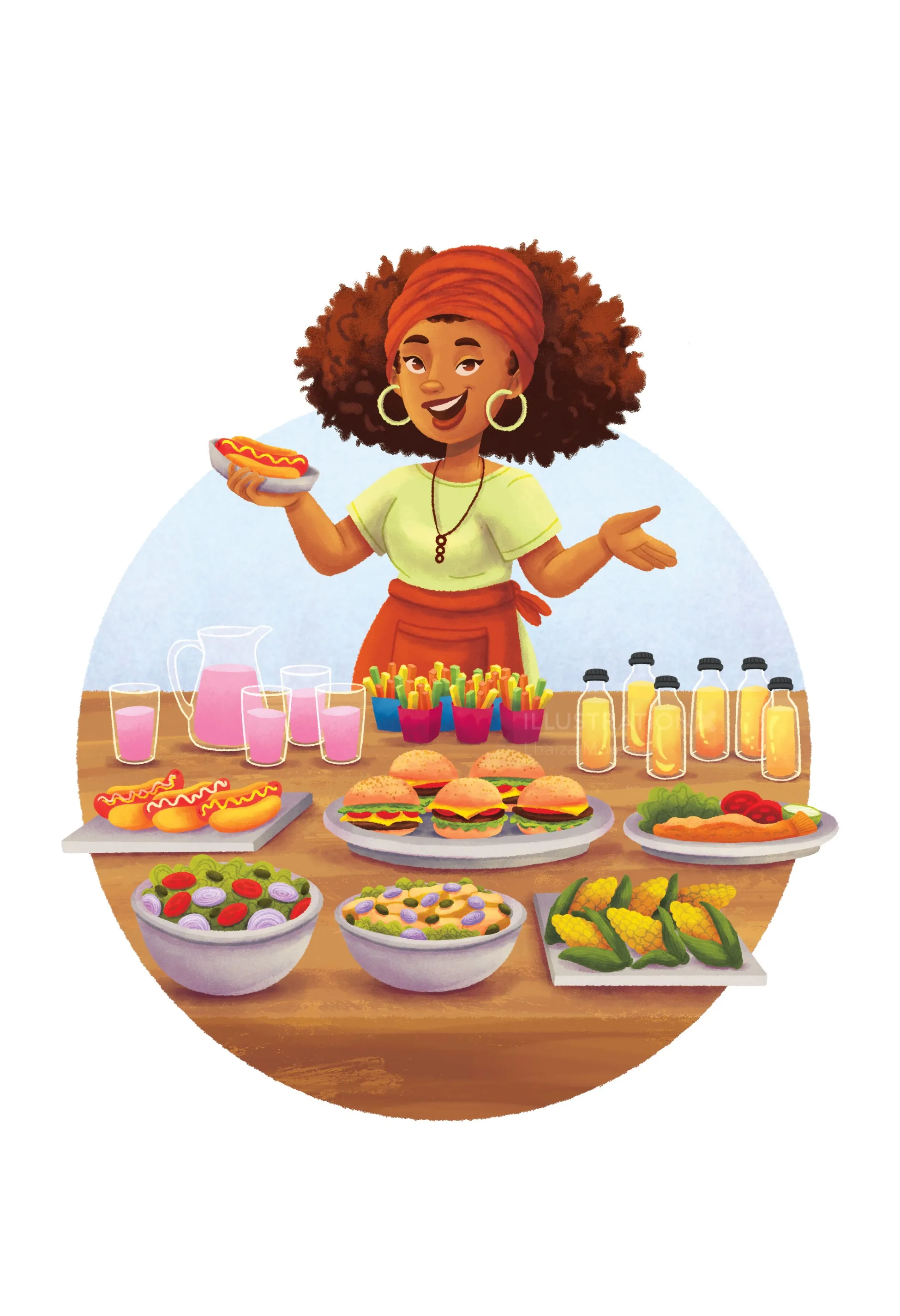 Smiling woman with afro serving tacos and drinks at food stall