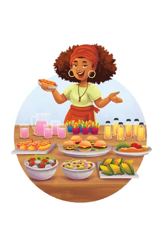 Smiling woman with afro serving tacos and drinks at food stall