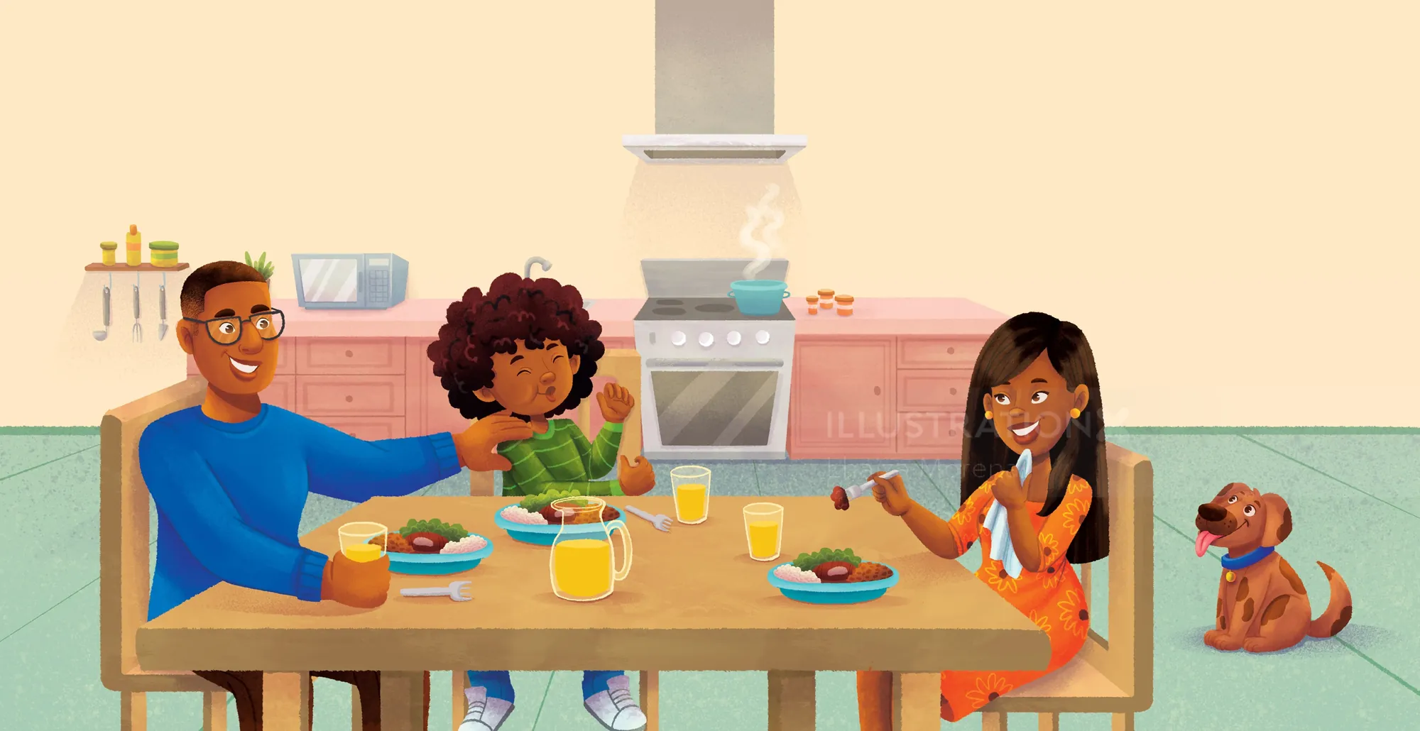 Family having breakfast at kitchen table with pet dog nearby