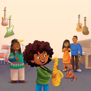 Kids playing saxophone, dancing, and having fun with a dog in music room