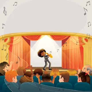 Violinist playing on stage with audience clapping and musical notes