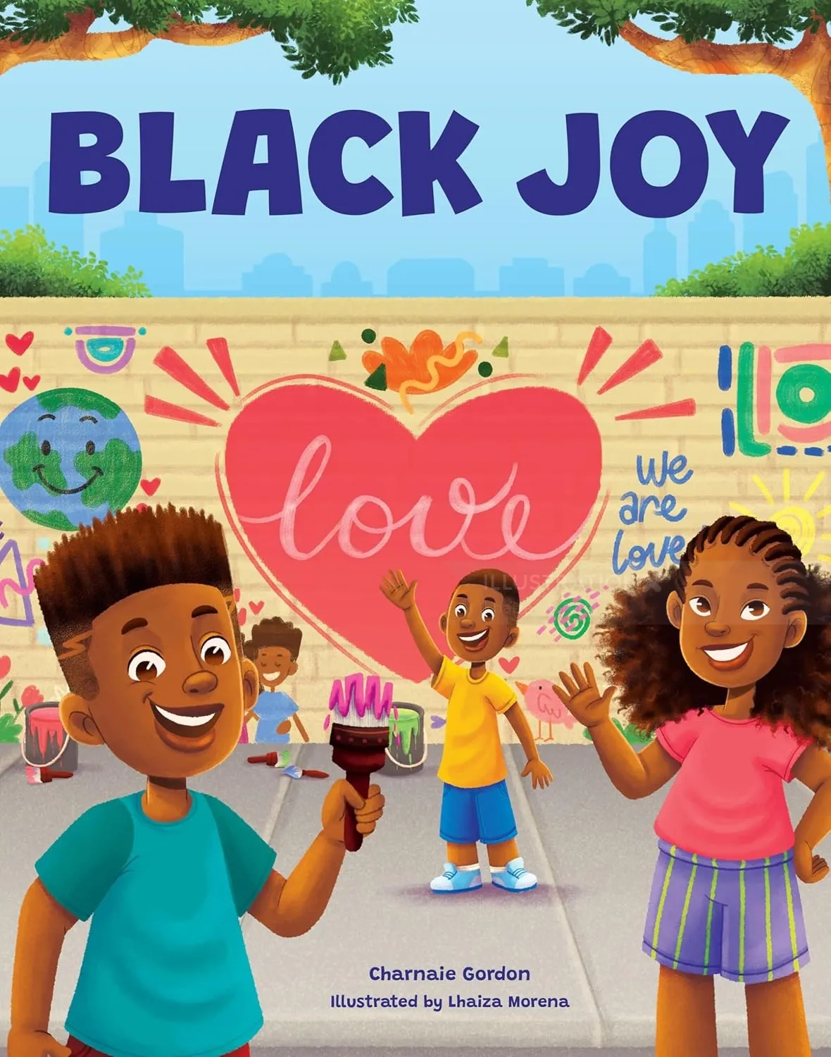 Happy Black children celebrating love and joy outdoors with colorful mural