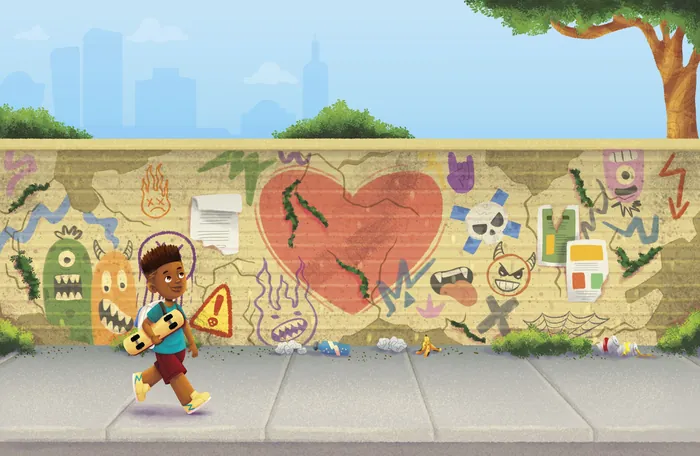 Child walking with guitar past wall covered in graffiti art