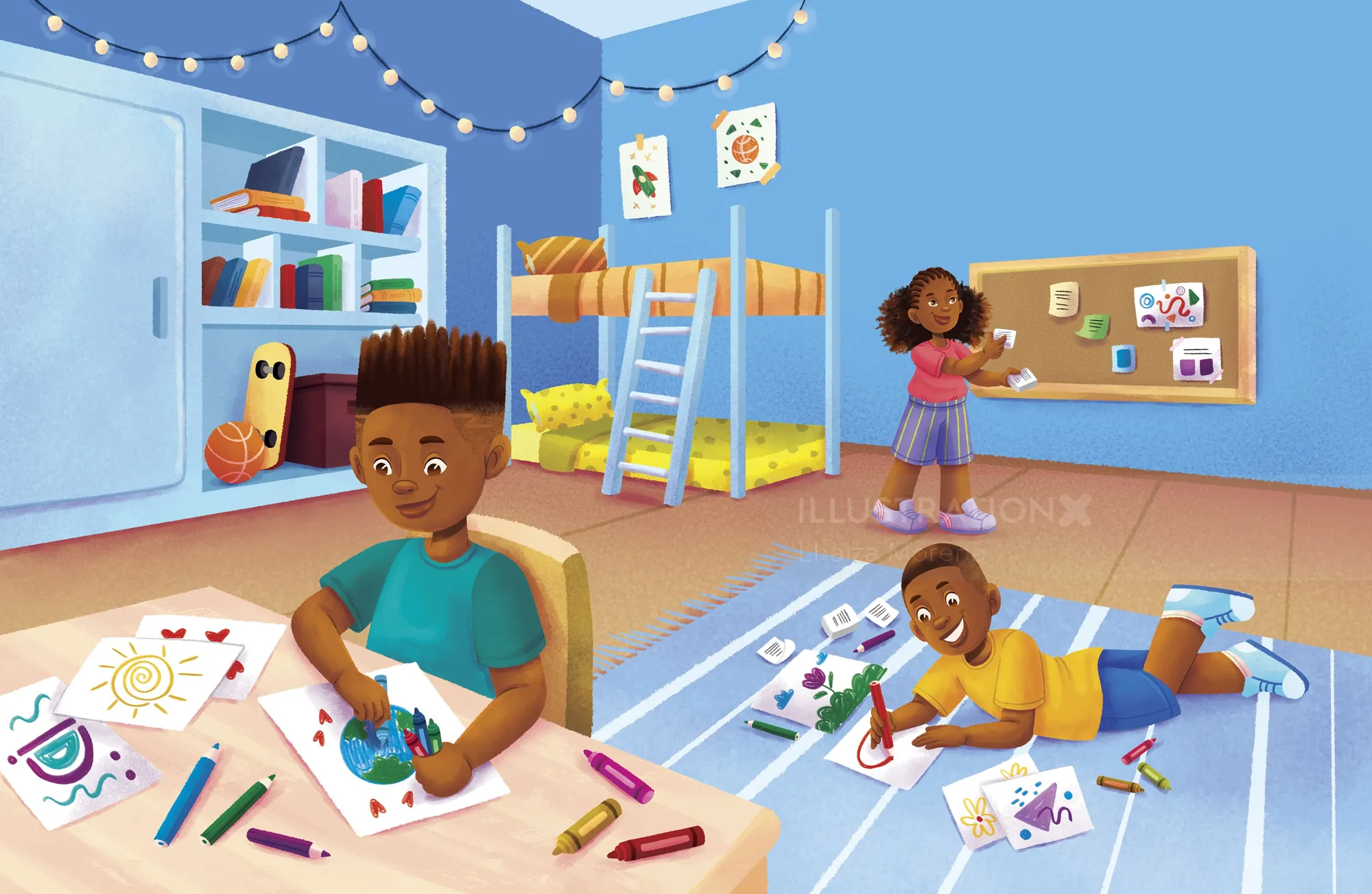 Two kids drawing and coloring on papers in a colorful room