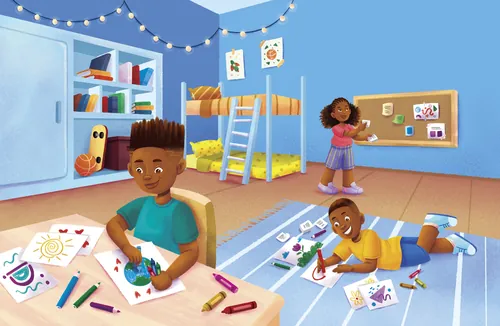 Two kids drawing and coloring on papers in a colorful room