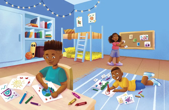 Two kids drawing and coloring on papers in a colorful room