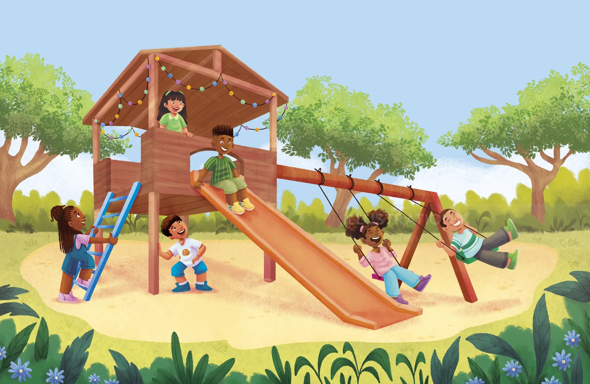 Kids playing on slide and swings in a sunny park playground