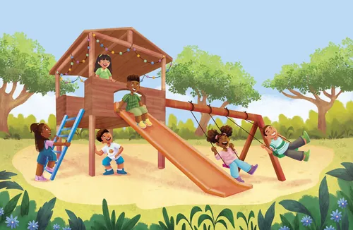 Kids playing on slide and swings in a sunny park playground
