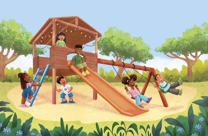 Kids playing on slide and swings in a sunny park playground
