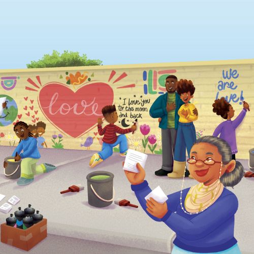 Group painting a mural with hearts and messages of love and unity