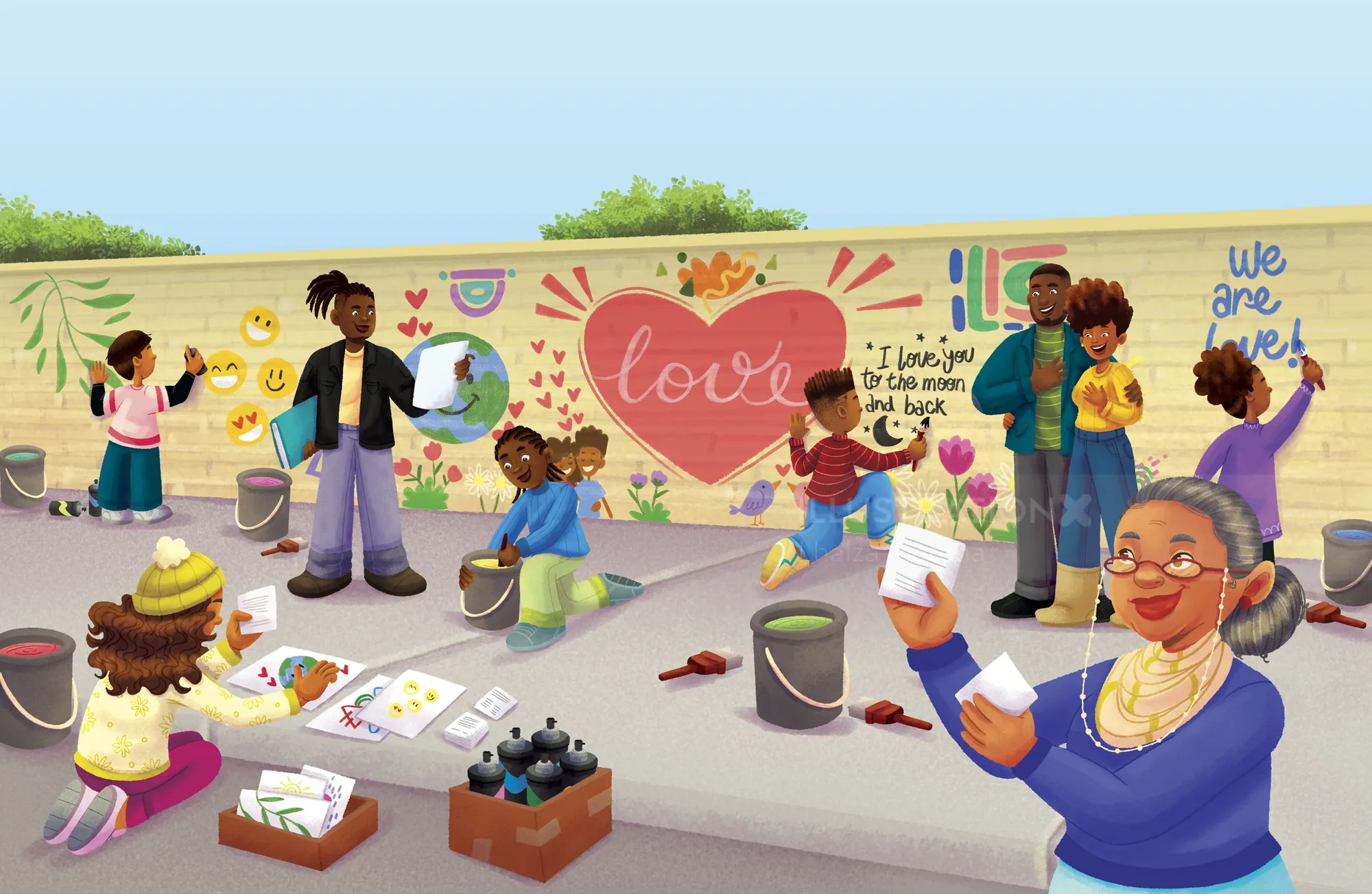 Group painting a mural with hearts and messages of love and unity