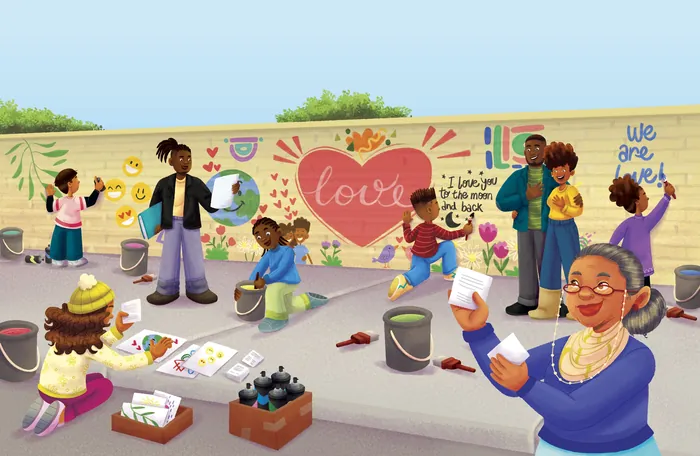 Group painting a mural with hearts and messages of love and unity