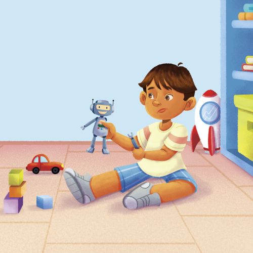 Child with prosthetic legs playing with robot toy on floor