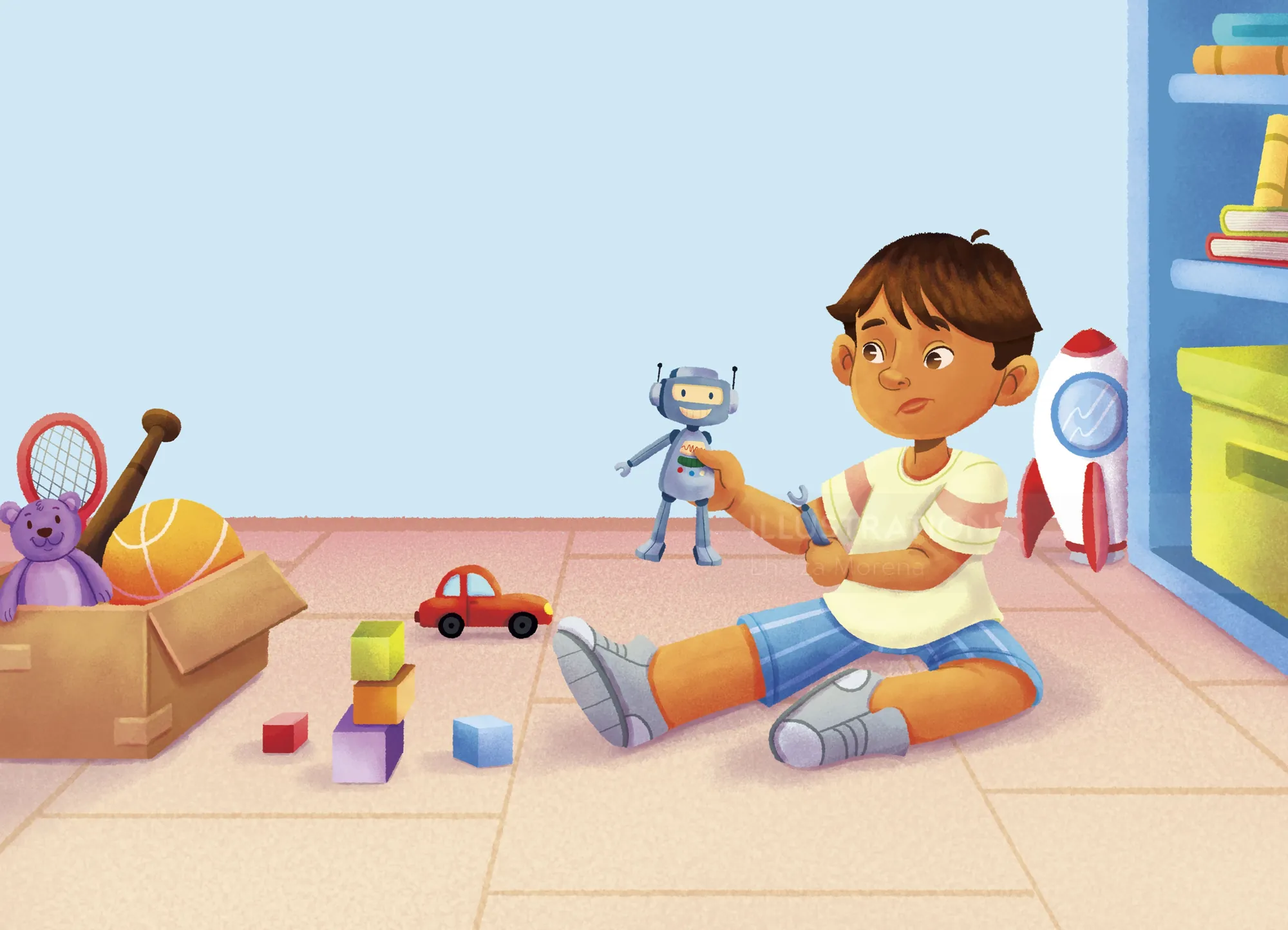 Child with prosthetic legs playing with robot toy on floor